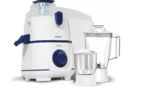 Havells Rigo Juicer Mixer Grinder, 500 Watt, 2 Jars|1.75 polycarbonate jar|2L large pulp container|foldable juicing spout|food pusher|stainless steel Sieve and Blades (White and Blue)