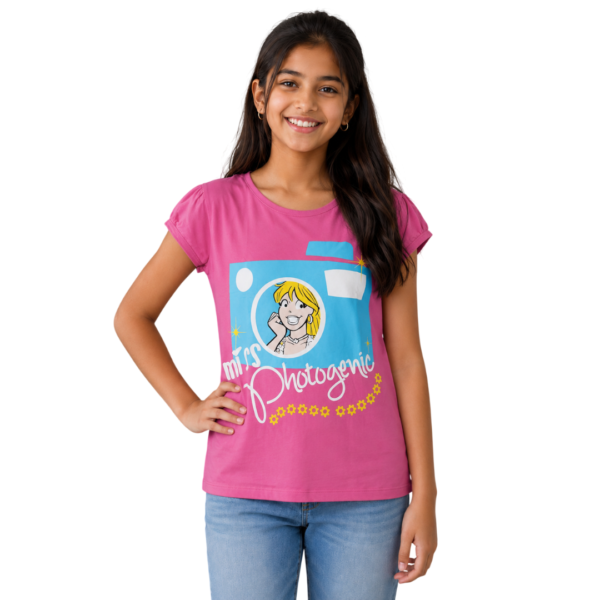 Girls Pink "Miss Photogenic" Graphic Printed Cotton T-Shirt