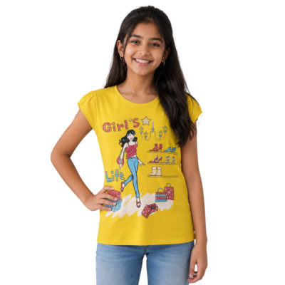 Girls Graphic Printed T-Shirt | Cotton Round Neck Half Sleeve Casual Wear | Yellow